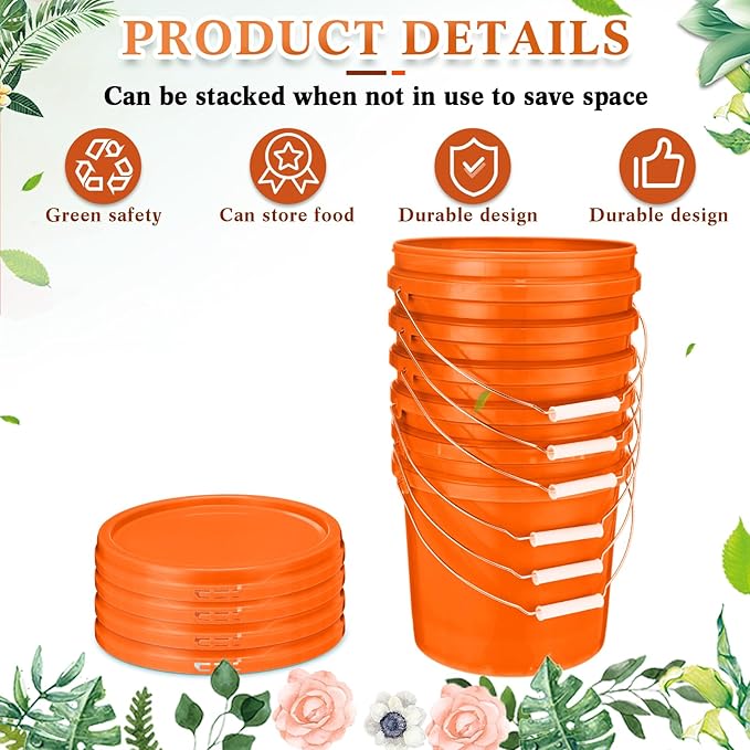 6 Pack 2 Gallon Plastic Bucket with Lid Heavy Duty Pail with Metal Handle Reusable Small Multipurpose Paint Buckets Container for Food Storage(Orange)