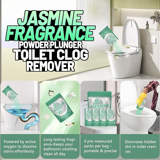 Toilet Bowl Cleaner Powder - Self-Activating Toilet Cleaner for Stubborn Stains & Limescale, Deep Cleaning Foam with Jasmine Fragrance, Safe Toilet Cleaning Supplies (4 Packs × 3 oz)