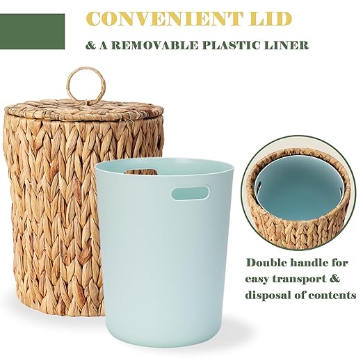 3 Gallons Wicker Waste Basket with Lid and Liner - Wicker Trash Can for Bedroom, Bathroom, Kitchen, Living Room - Boho Handwoven Water Hyacinth Garbage Can with Lid for Home, Office