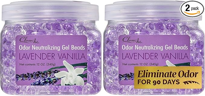 Clear Air Odor Eliminator Gel Beads - 12 oz, Pack of 2 - Air Freshener Made with Essential Oils - Eliminates Odors in Bathrooms, Cars, Boats, RVs & Pet Areas - Lavender Vanilla Scent