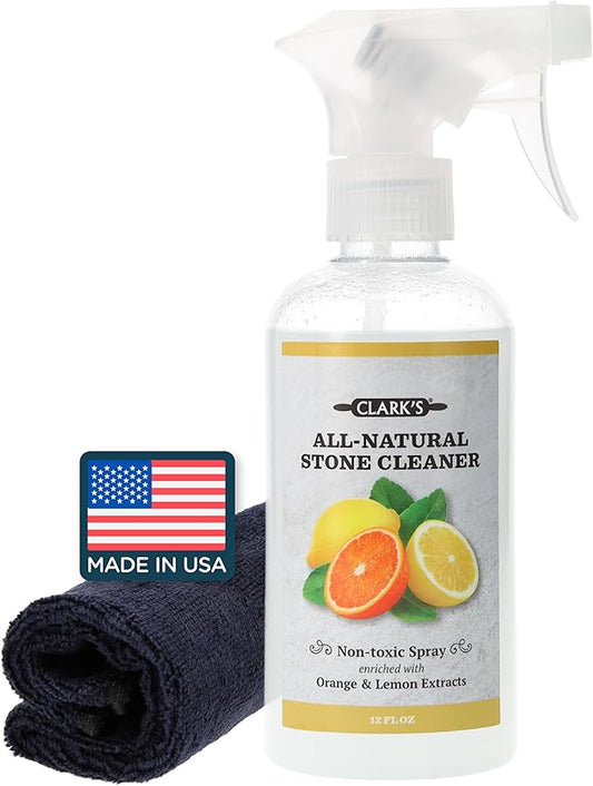 CLARK'S Natural Stone Spray Cleaner, with Microfiber Cloth for Soapstone, Granite, Quartz, Marble, & other Countertop Surfaces – Pure Ingredients to Keep Stone Protected, Citrus Oil Extracts, 12oz