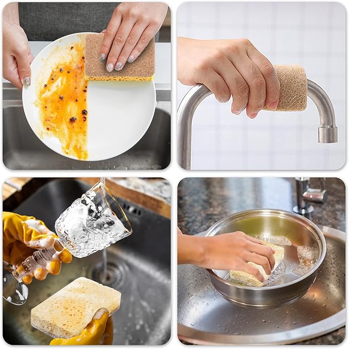 12 Pack Non-Scratch Scrub Sponge, Natural Kitchen Sponges for Cleaning Kitchen, Scratch Free Biodegradable Sponges for Dishes, No-Stick Cookware