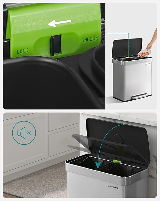 SONGMICS Kitchen Trash Can, 16 Gallon (2 x 8 Gallon) Dual Compartment Garbage Can, 60L Pedal Recycling Bin, Stays Open and Soft Close, Stainless Steel, 15 Bags Included, Metallic Silver ULTB202E01