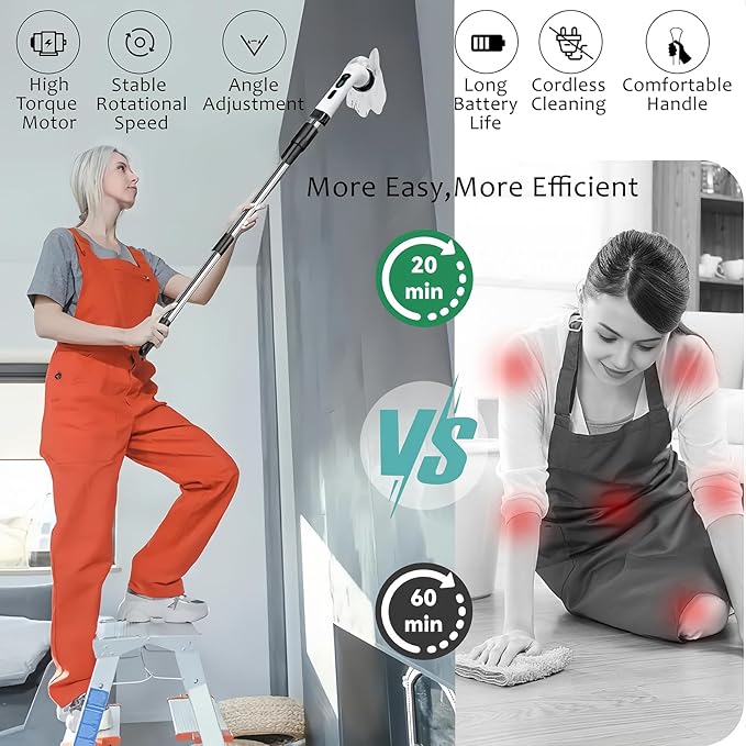 Electric Spin Scrubber - Cordless Cleaning Brush with 9 Attachment Shower and Grout Cleaner, Adjustable Extension Handle, IPX7 Waterproof for Tile Floor Tub Car (White)