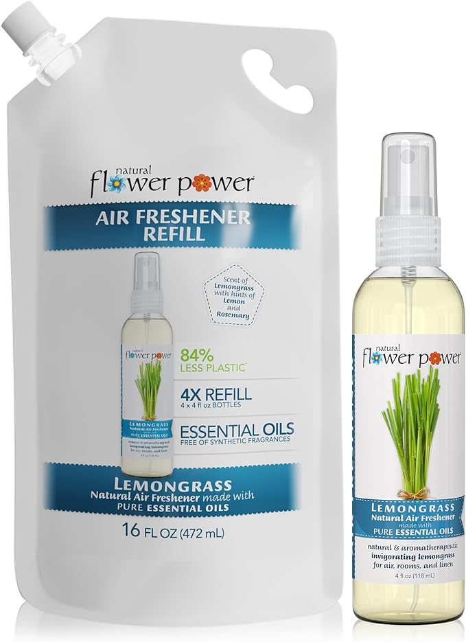 Natural Flower Power Air Freshener Spray Refills - Odor Eliminator w/Essential Oils - Home, Car & Fabric - Cruelty Free & Vegan – Lemongrass Spray 4 fl oz + Refill 16 fl oz Combo