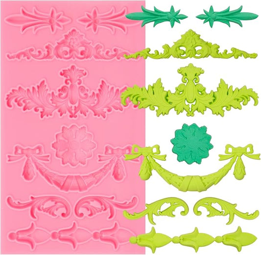 Baroque Decorative Silicone Fondant Mold, Vintage Floral Scroll Pattern, Pink