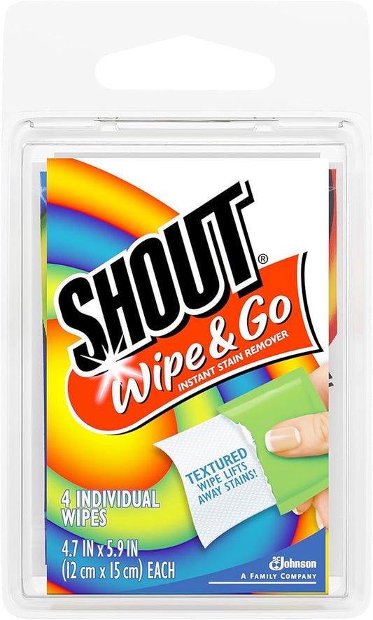 Shout Wipes Stain Remover for Clothes Laundry, Instant Stain Remover and Individually Wrapped, Travel Essentials, Works on Everyday Stains, 4 Wipes (Pack of 1)