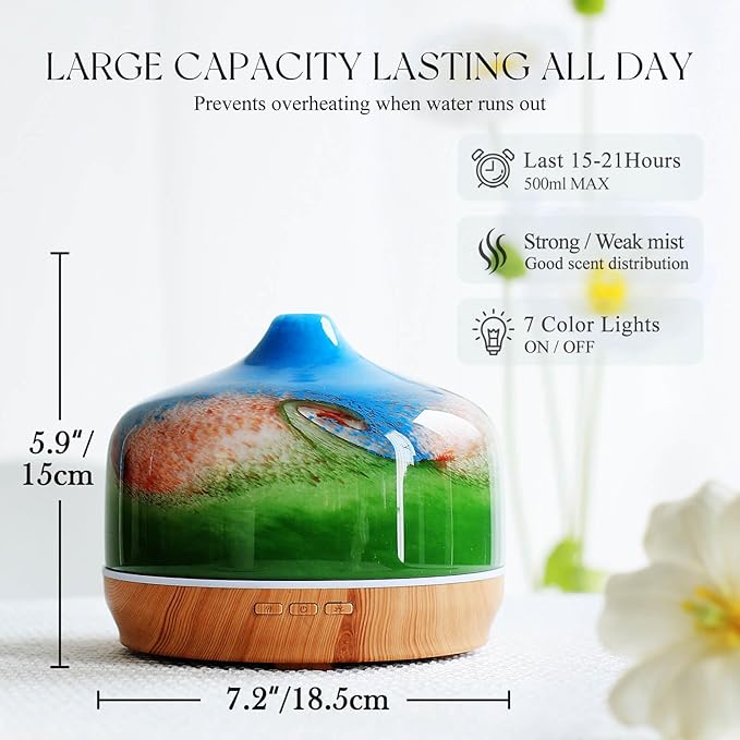 Porseme 500ml Glass Essential Oil Diffuser Aromatherapy Ultrasonic Cool Mist Humidifier 15-21 Running Hours Waterless Auto-Off Air Diffusers for Sleeping Yoga Office Working Spa and Rest (Blue Grass)