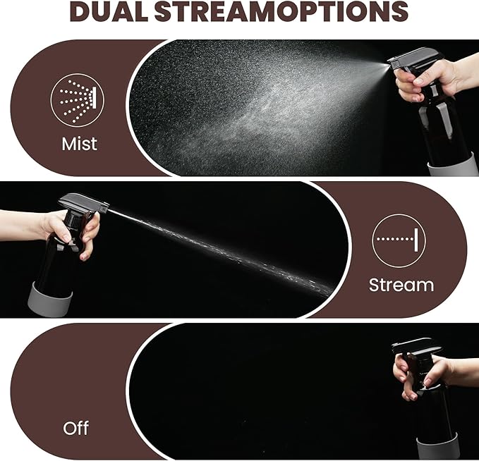 Glass Amber Spray Bottles with Silicone Sleeve, 2 Pack 16.9oz Refillable Containers with Adjustable Spray Nozzles, Empty Spray Bottle for Cleaning Solutions, Hair, Plants, Essential Oils (Black+Grey)