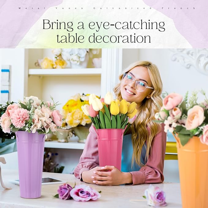 Lallisa 24 Pcs Metal Vases 9 Inch Galvanized French Farmhouse Flower Buckets with Handles and Hemp Rope, Vintage Style Flower Containers for Country Wedding Party Table Centerpiece Decor (Colorful)