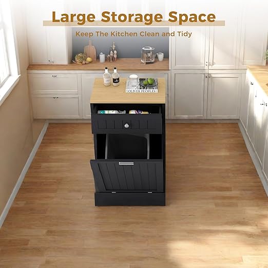 10 Gallon Tilt Out Trash Cabinet, Wood Freestanding Garbage Recycling Cabinet with 1 Door, Hideaway Drawer & Pet Proof Design, Black Trash Bin Holder for Kitchen, Living Room