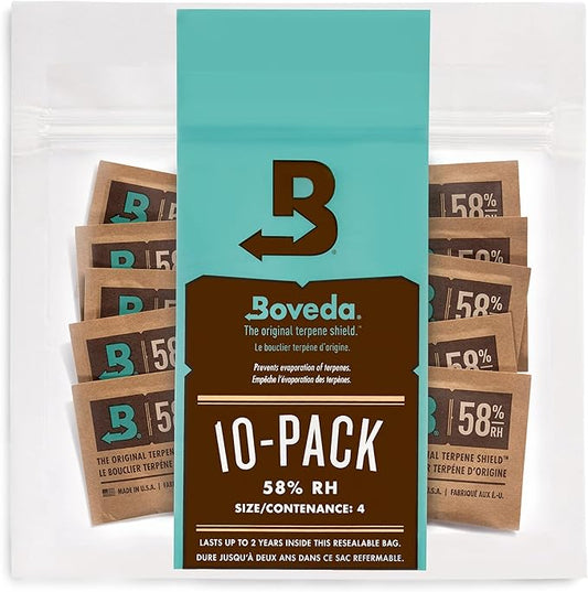 Boveda 58% Two-Way Humidity Control Packs For Storing ½ oz of Product – Size 4 – 10 Pack – Moisture Absorbers for Small Storage Containers – Humidifier Packs – Hydration Packets in Resealable Bag