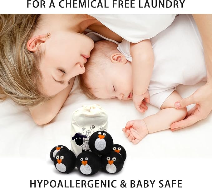 Pack of 6 Wool Dryer Balls, Muulaii Reusable Fabric Softener, Extra Large, Black Penguin