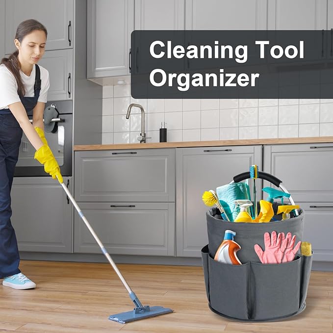 Cleaning Caddy with Handle, Cleaning Products Organiser, 17L Foldable Storage Basket, Cleaning Caddy Organiser, Portable Multi Cleaning Bucket Bag for Home, Garden (Dark Grey)