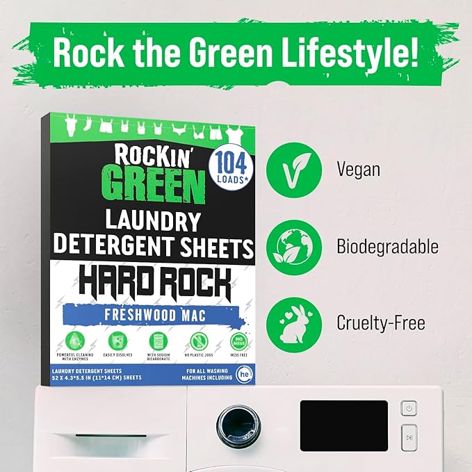 Rockin' Green Hard Rock Travel Laundry Detergent Sheets for Hard Water - Mess-Free Laundry Sheet Detergent with Sodium Bicarbonate - Easily Dissolvable Laundry Soap Sheets (104 Loads, Freshwood Mac)