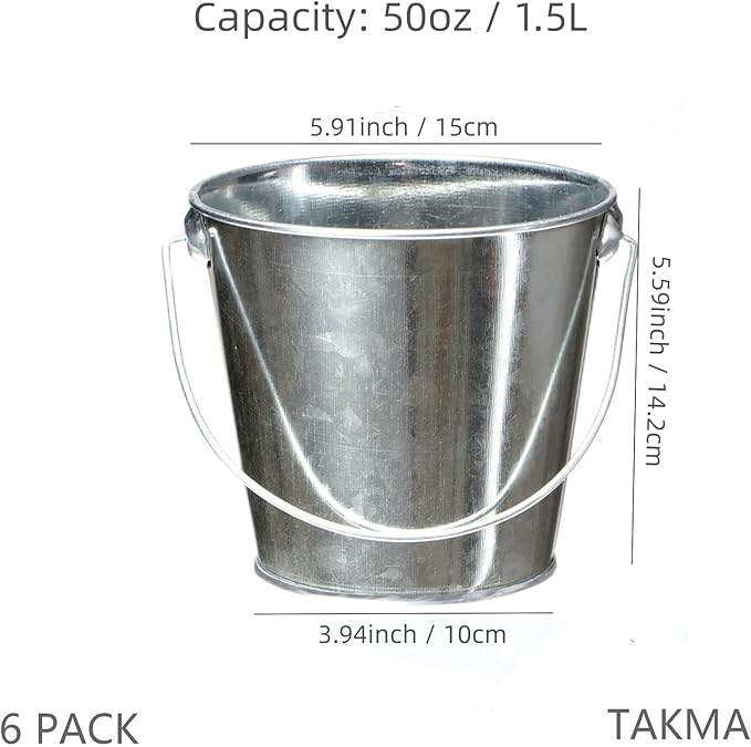 Galvanized Tin Metal Buckets with Handle, 6 Pack 5.91 Inch Iron Pail, Easter Bucket,Pencil Holder and Flower Pots,Craft Supply Holders for Events,School Storage and Party (Silver)