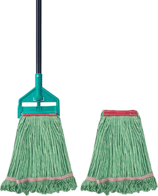 KeFanta 60 Inch Loop-End String Mop Heavy Duty Commercial Mops for Floor Cleaning,Industrial Cotton Wet Mop with Extra Mops Head Replacement(Green)