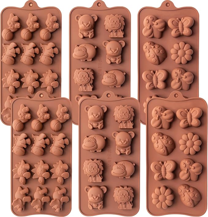 6 Pcs Silicone Chocolate Mold Set - Food-Grade Non-Stick Candy Molds Cookery Moulds for Chocolate, Candy, Jello, Soap & Crayon - Animal Shapes