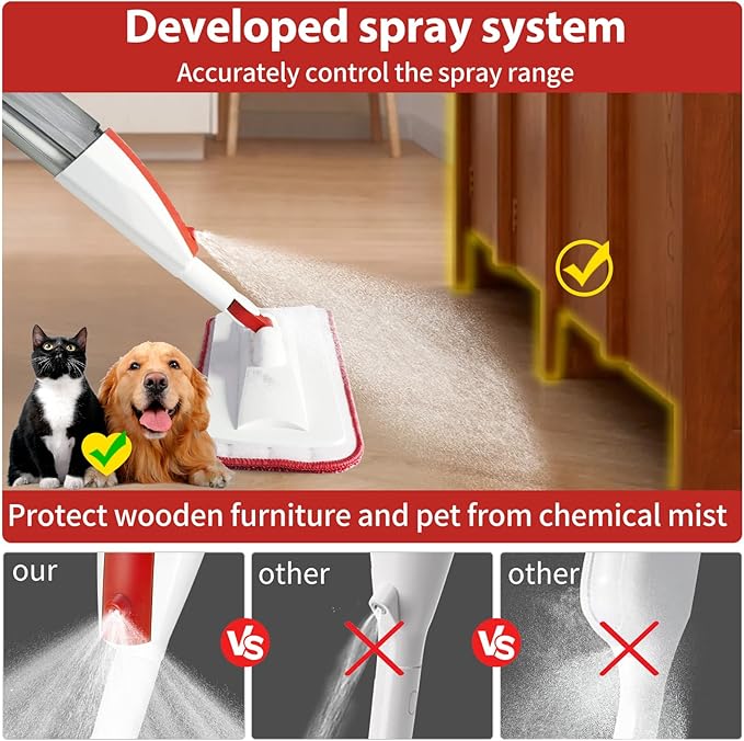 Spray Mops for Floor Cleaning Floor Mop with a Refillable Spray Bottle and 3 Washable Microfiber Pads Home or Commercial Use Dry Wet Flat Mop for Hardwood Laminate Wood (Purple)