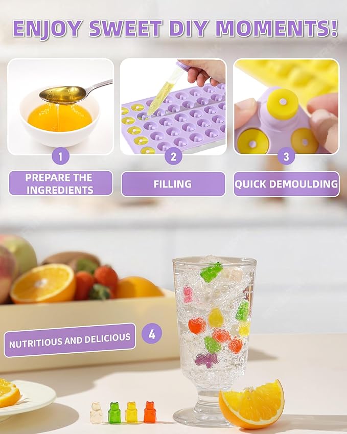 Silicone Gummy Molds Set of 4, Non-stick Candy Chocolate Molds with 2 Droppers 1 Clean Brush, Includes Dinosaur Bear Donut Heart Shape