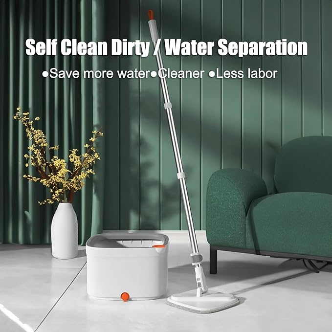 Spin Mop and Bucket Set with Self - Separation System, 360 - Degree Spinning Self - Wringing, Square Cleaning Mop and Bucket with Wringer, with Replaceable Mops (Light Grey - 2 Pads)