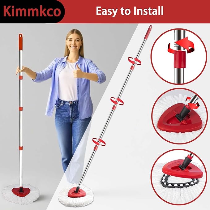 Spin Mop Head, Base, Mop Handle Replacement for O Cedar EasyWring 1 Tank System Microfiber Spin Mops, 2 Microfiber Mop Refills, 1 Triangle Head Cover and 30-58in Handle Set Combo