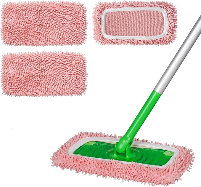 Reusable 100% Coral Fleece Mop Pads Compatible with Swiffer Sweeper Mop, Pink, Wet and Dry Flat mop Cover, 3 Pack Washable Mop Pads for Surface/Hardwood Floor Cleaning (Mop is Not Included)