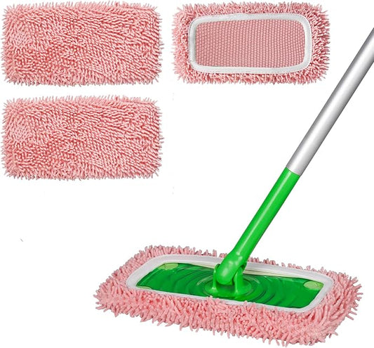 Reusable 100% Coral Fleece Mop Pads Compatible with Swiffer Sweeper Mop, Pink, Wet and Dry Flat mop Cover, 3 Pack Washable Mop Pads for Surface/Hardwood Floor Cleaning (Mop is Not Included)
