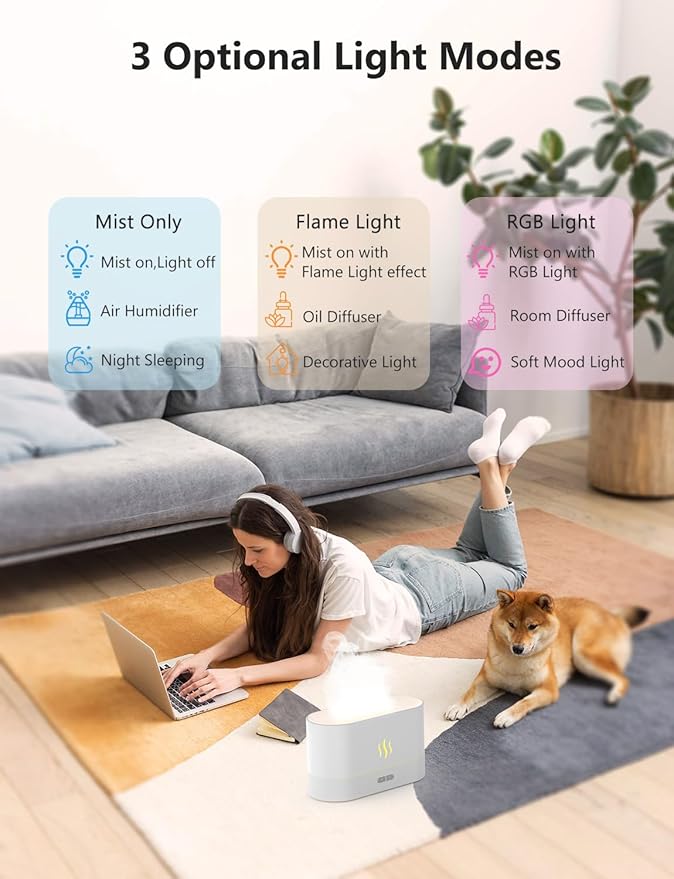 Air Humidifier, Essential Oil Diffuser with Led Flame Light - 7 Colors, 180mL Capacity (8 Hours), Noiseless Operation, Auto-Off Protection - Perfect for Home Bedroom Office Gifts(White)