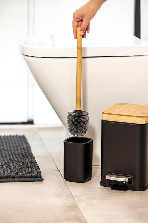 Vigar Zense Toilet Brush and Holder Set, Toilet Bowl Brush with Polyresin Stone Holder, Bathroom Sets for Bathroom Decor and Accessories, Cool Black