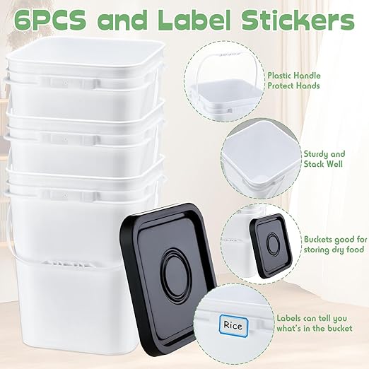 Vesici 6 Pcs 5 Gallon Food Grade Square Buckets with Lids 5 Gal Plastic Food Storage Square Bucket Heavy Duty Industrial Pail Container with DIY Label Stickers Handles for Water Painting(Multicolored)