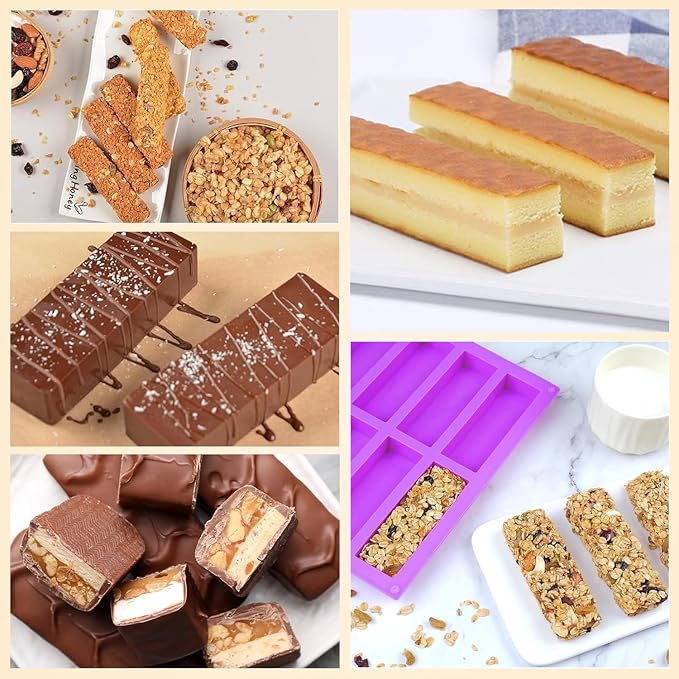 Rectangle Granola Bar Silicone Molds（8 Cavity），1 Inch Deep Chocolate Bar Baking Mold For Food，Homemade Snacks Cereal Protein Energy/Candy Bar - Set of 1