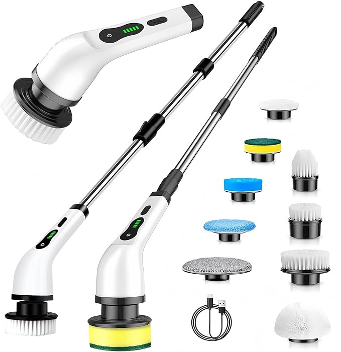 Electric Spin Scrubber - Cordless Cleaning Brush with 9 Attachment Shower and Grout Cleaner, Adjustable Extension Handle, IPX7 Waterproof for Tile Floor Tub Car (White)