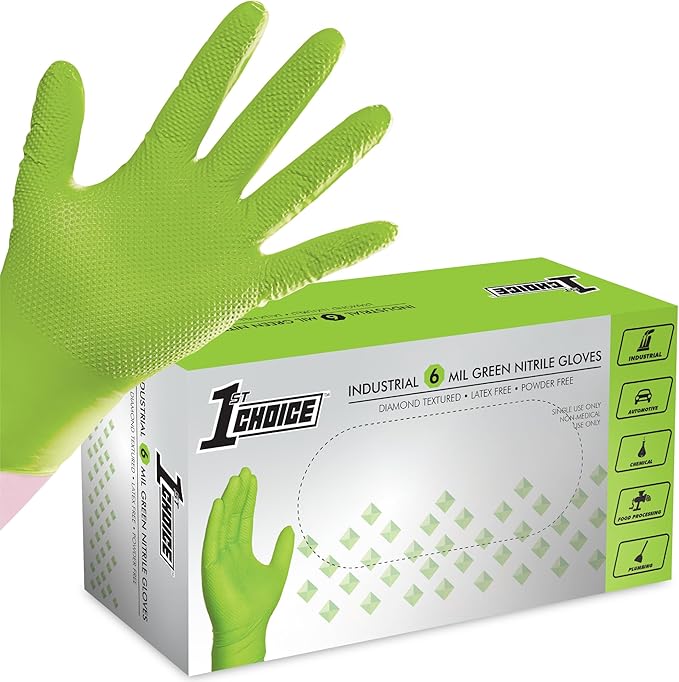 1st Choice 6 mil Orange and Green Nitrile Gloves, Disposable, Latex Free Raised Diamond Grip Mechanic Glove for Men and Women