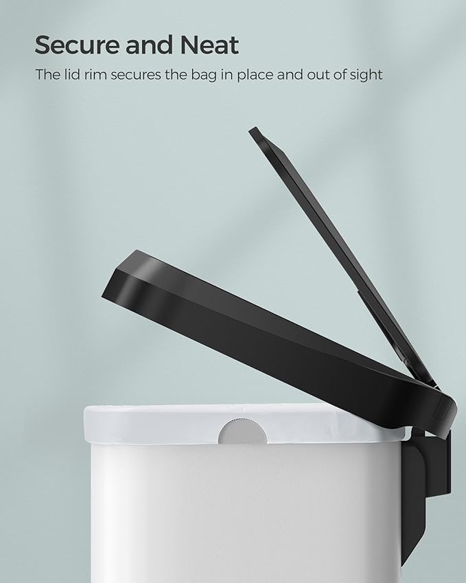 SONGMICS Kitchen Trash Can, 13 Gallon (50 L) Stainless Steel Garbage Can, with Stay-Open Lid and Step-on Pedal, Soft Closure, Tall, Large and Space-Saving, White and Black ULTB530W50