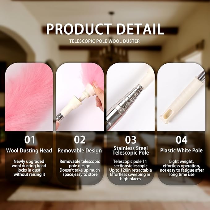 Extendable Lambswool Duster Stainless Steel Handle 133" Removable Feather Duster for Cleaning Ceiling Fans Interior Roof Furniture, Pink