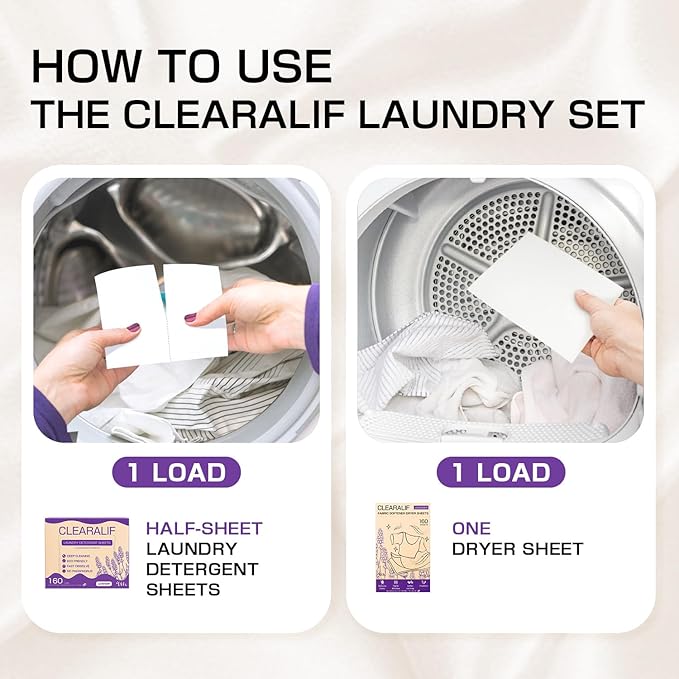 CLEARALIF All in One Laundry Detergent Sheets Kit, Lavender Scent, 160 Loads Laundry Sheets + 160 Drying Sheets, Laundry Set Great for Travel, Softener Sheets Eco Package Friendly & Hypoallergenic