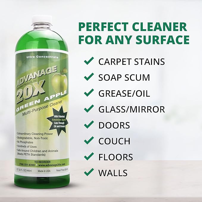 All Purpose Cleaner Concentrate - Advanage 20X The Wonder Cleaner Green Apple for All Surfaces Around Bathroom, Kitchen, Oil and Grease, Multi Purpose Cleaner for Household Cleaning Solution, 32 Fl Oz