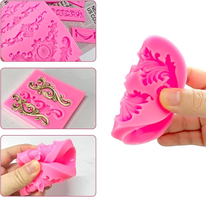 Baroque Style Silicone Molds, Curlicues Scroll Lace Fondant Molds, Vintage Relief Flower Mould Filigree 3D Clay Mold for Gummy Sugar Cookie Pastry Chocolate Mold for Clay Cupcake Topper Decor(7Pcs)