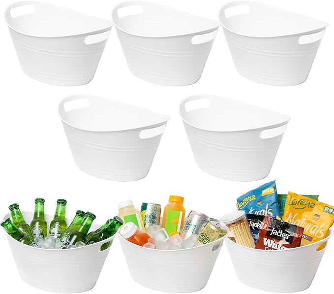 Tiawudi 8 Pack Ice Buckets with Handles, Ice Drink Tub for Party & Bar, Wine Beer Champagne Beverage Bottle Cooler, Plastic Storage Tub, Oval Storage Basket for Home, 4.5 Liter Each, White