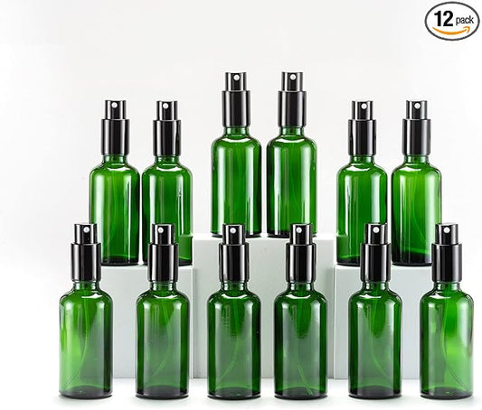 YIZHAO Green Glass Spray Bottles 2oz, with Small Fine Mist Spray, Metal Cap, Refillable for Essential Oil,Travel,Cleaning,Perfume,Aromatherapy,Makeup – 12 Pcs