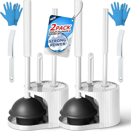 2Pack 3 in 1 Toilet Brush and Plunger Set,Toilet Bowl Brush Plunger Set, Cleaning Supplies, Crevice Cleaning Brush, Bathroom Cleaning Tools, White