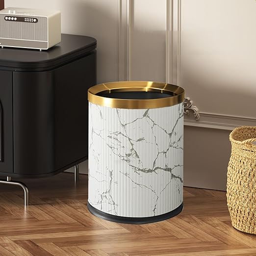 Small Fancy Bathroom Trash Can, Metal Trash can Covered with Leather, Open Top,Hide The Garbage Bag, Bathroom, Living Room, Bedroom, Office, Bank, Hotel (12l-Chinese Style)