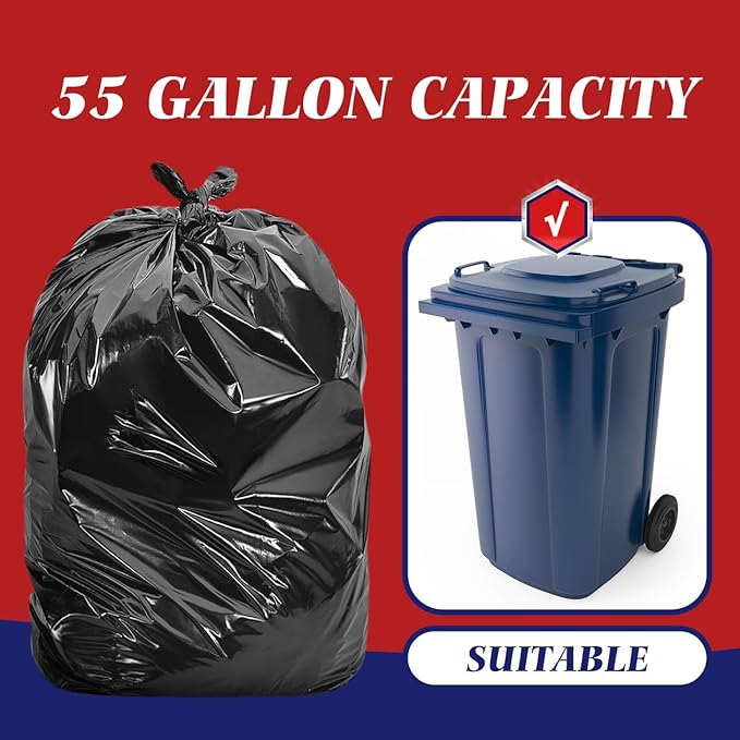 Teivio Large Black Trash Bags 55-60 Gallon 22 Counts Fit 50,55,60,Gal All Purpose Garbage Bags, Extra Large Lawn and Leaf Bags Outdoor Trash Can Liner, Drum Liners, Workshops, Backyard