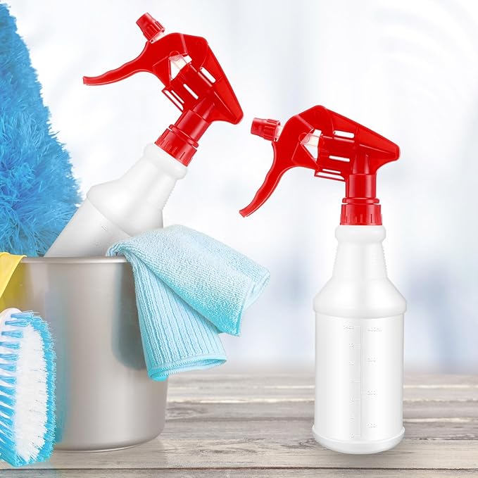 Eccliy 20 Pack 16oz Empty Spray Bottles, Leakproof Cleaning Bottles with Measurement and Adjustable Nozzle for Housekeeping, Commercial Use(Cylinder,Red Black Spray Head)