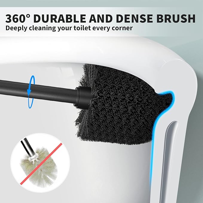 Toilet Brush and Holder 2 Pack, Toilet Bowl Brush with Extra Long Handle, Toilet Scrubber and Covered Holder, Toilet Brushes for Bathroom-Space Saving, Covered Brush, Durable, Deep Cleaning(Black)