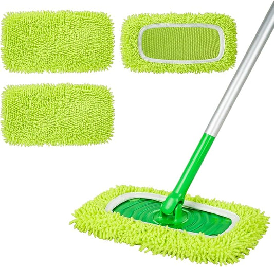 Reusable 100% Chenille Mop Pads Compatible with Swiffer Sweeper, Wet and Dry Flat mop Cover, 3 Pack Washable Pads for Surface/Hardwood Floor Cleaning (Mop is Not Included)