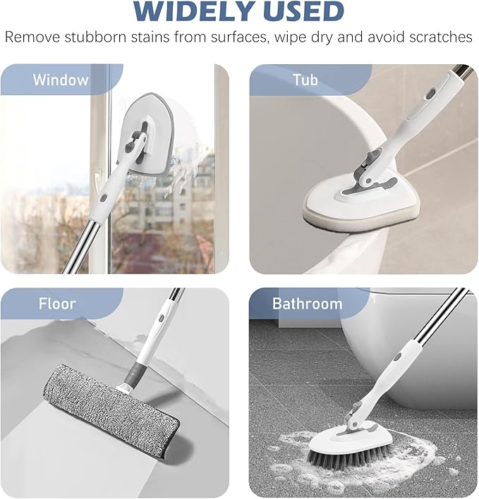SetSail 4-in-1 Tile Tub Floor Scrubber with 52-inch Adjustable Long Handle Shower Cleaner Brush Comes with Window Scrubber and 3 Replacement Brush Heads for Cleaning Bathroom Kitchen Tub Tile, White