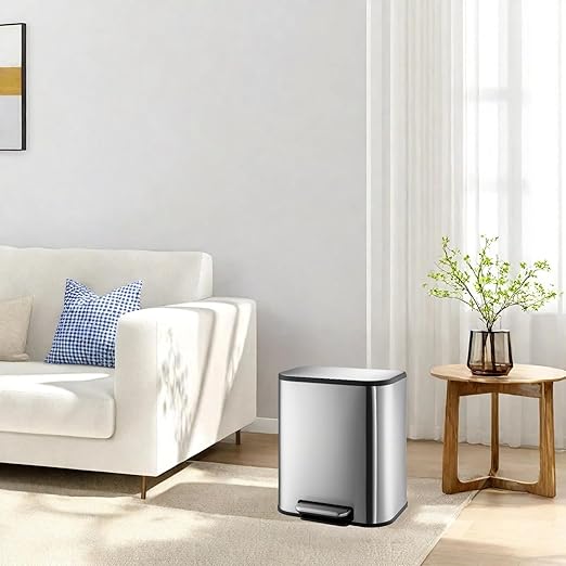 GlowSol Small Trash Can with Lid, 5.3 Gallon Stainless Steel Garbage Can, Rectangular Step on Waste Bin with Foot Pedal & Inner Bucket, Quiet Close, for Kitchen Bathroom Bedroom Living Room Office