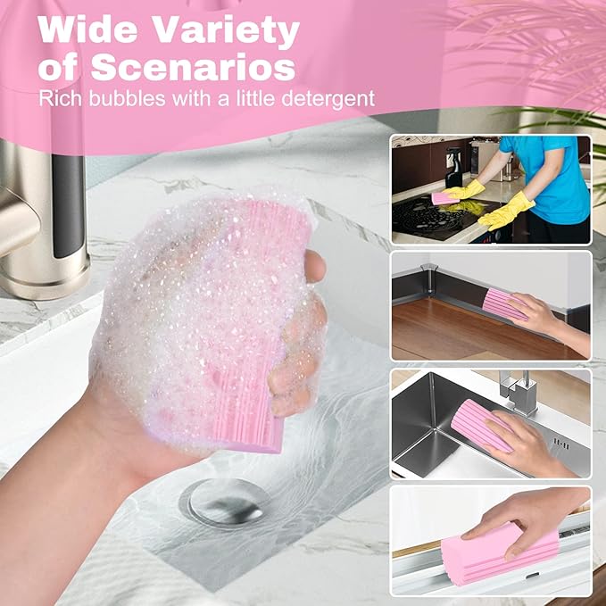 4pcs Damp Dusting Sponge Pink, Household Clean Sponges Duster for Cleaning Baseboards Blinds, Vents, Window Trunk, Scrub Magic Sponge Eraser Reusable Wet Sponges Cleaning Supplies Tool